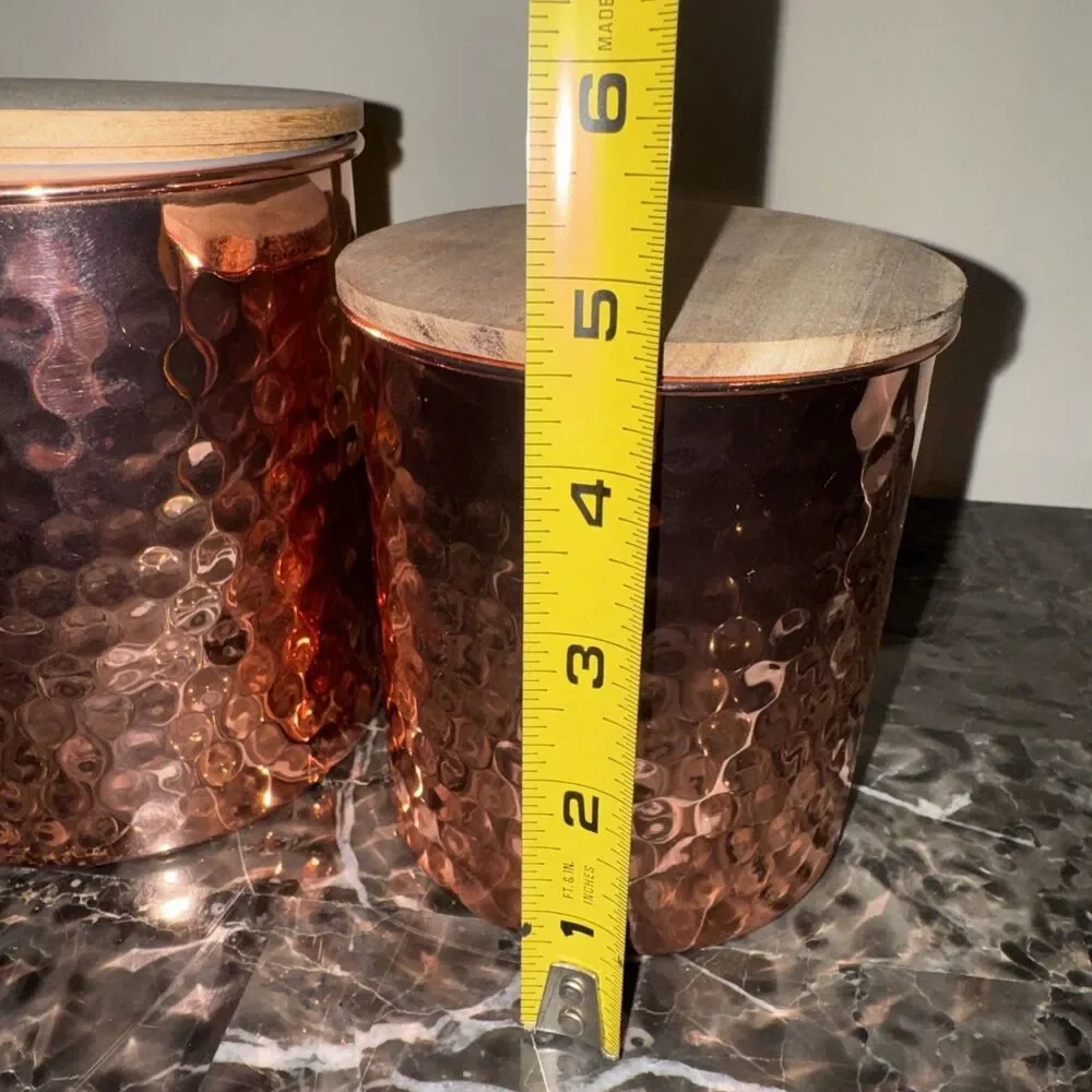 Uncommon James Copper Canister Set Of 2 Hammered with Wood Lids 45 Oz & 25 Oz